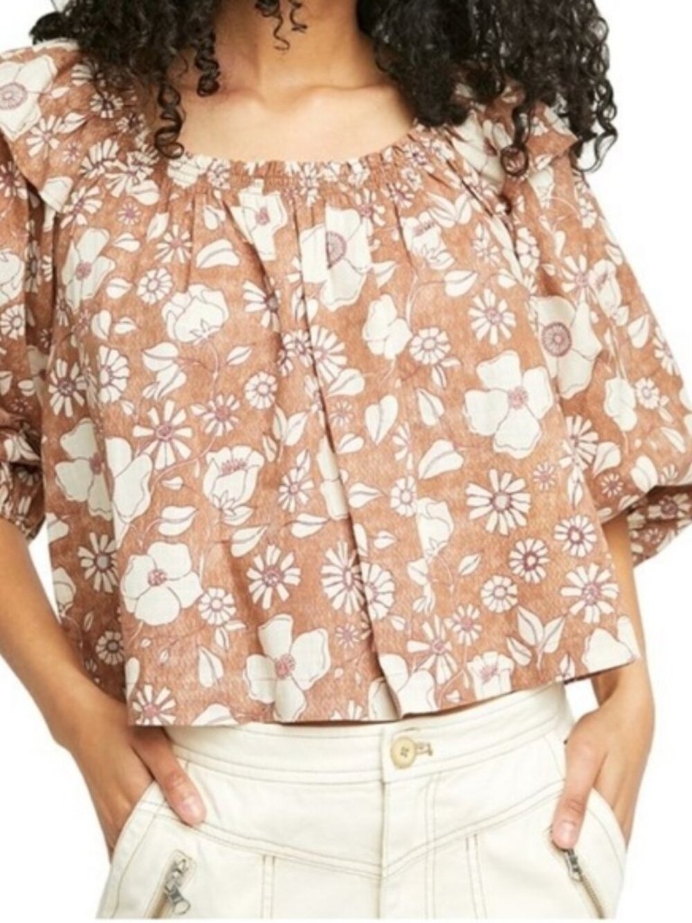 Free People Top Blouse Miss Daisy Printed Top Floral Boho shirt size XS